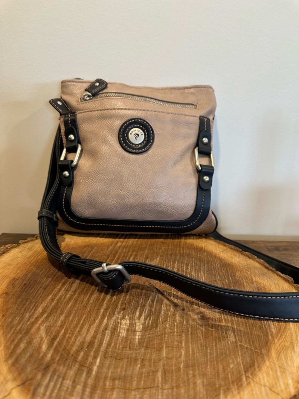 Mouflon -  Taupe and Black Crossbody Bag with Front Zip Accent